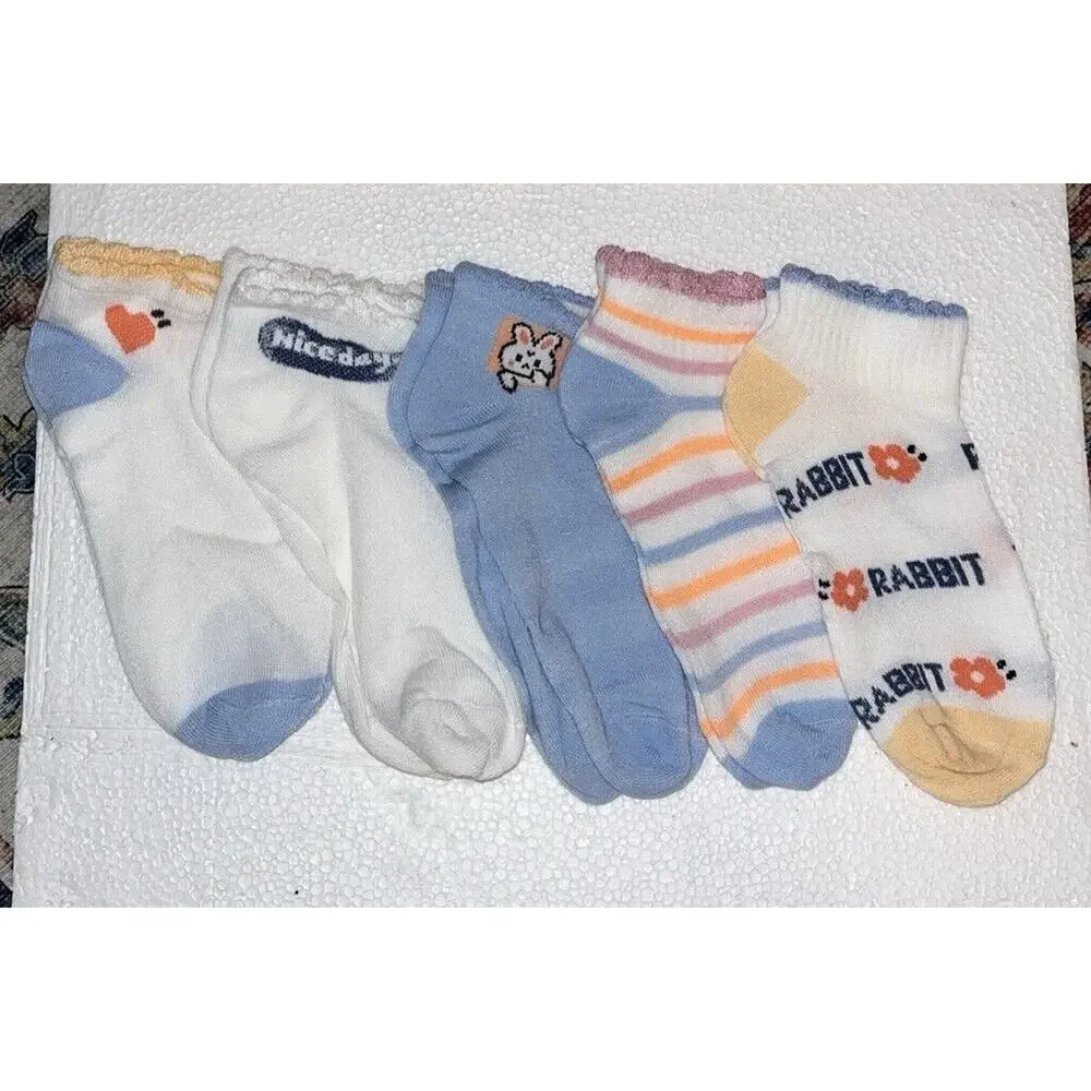 Women’s 5 Pack Multicolored Scallop Hem Ankle Socks New Rabbit And Hearts 4-10